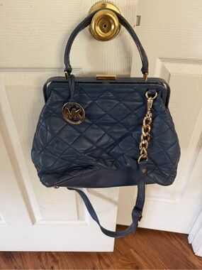 Michael Kors Quilted Navy Leather Satchel with Gold Accents